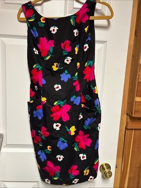 Black Floral Midi Dress with Bright Pink & Blue Blooms